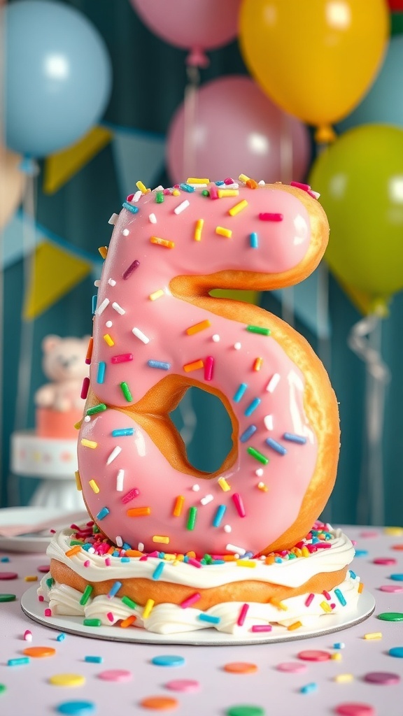 A colorful donut number cake shaped like the number 5, decorated with frosting and sprinkles, on a festive table.